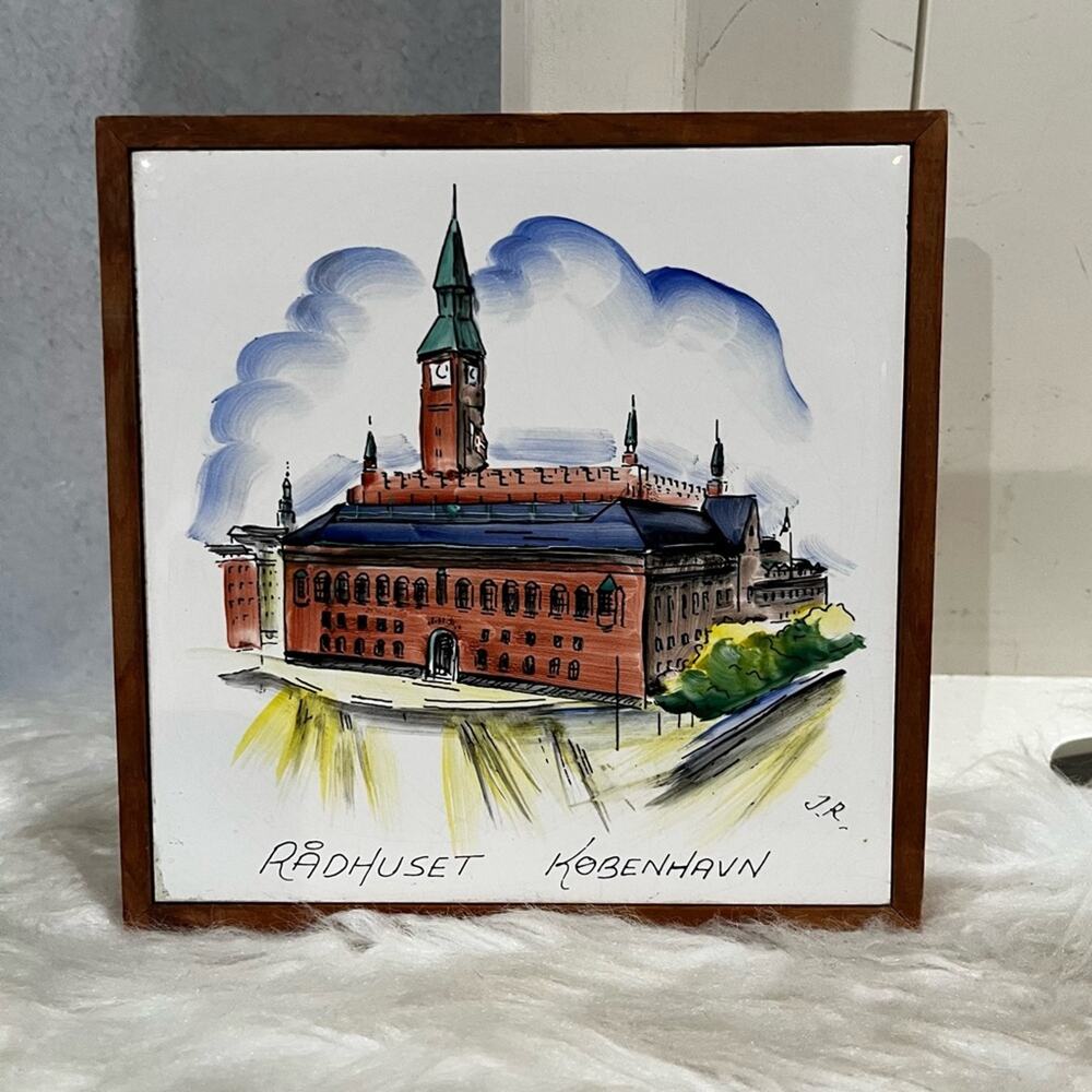 Vintage Handmade Painted Denmark Ceramic Art Tile Rådhuset København Frame 1965